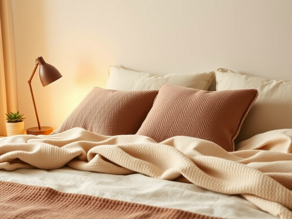 Warm cozy bedroom with soft pillows and bedside lighting